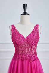V-Neck Fuchsia Lace Appliques A-Line Formal Dress